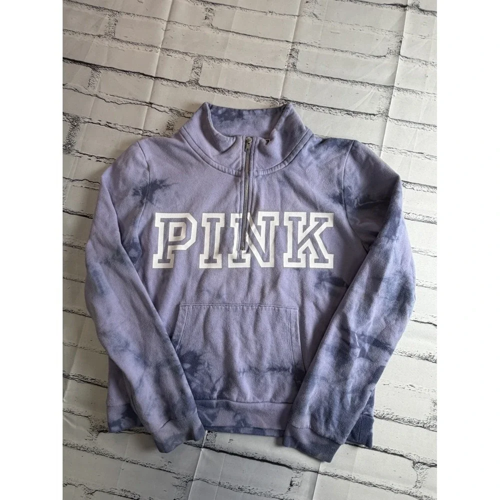 Victoria's Secret PINK Quarter Zip Pullover Sweatshirt Purple Tie Dye Large